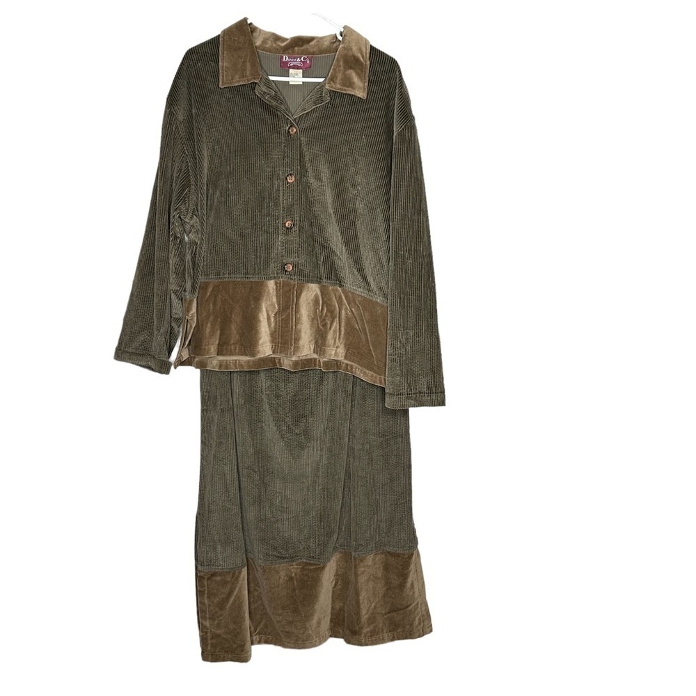 Denim & Co Women’s Two Piece Mixed Media Top And Skirt 1X Brown Corduroy Brown